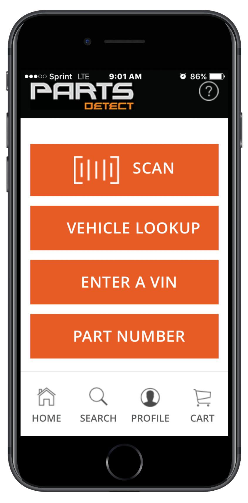 App Main Nav: Scan, Vehicle Lookup, Enter a VIN, Part Number